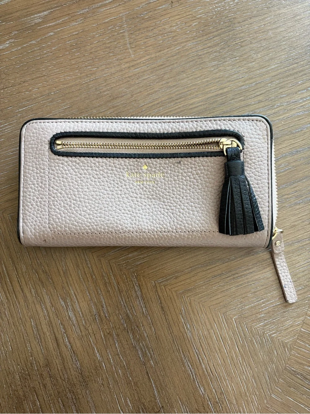 kate spade Blush Pebbled Leather Zip Wallet with Black Tassel
